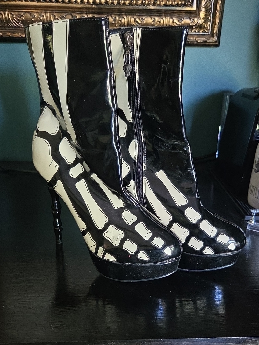 Black and White Skeleton-Print Patent Ankle Boots Too Fast Brand